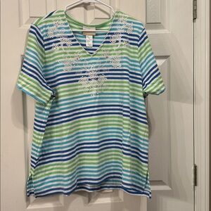 Alfred Dunner Striped Knit Tee in Aqua, Green & Navy